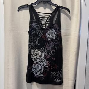 Wet Seal Black Floral Lace-Up Back Tank Top